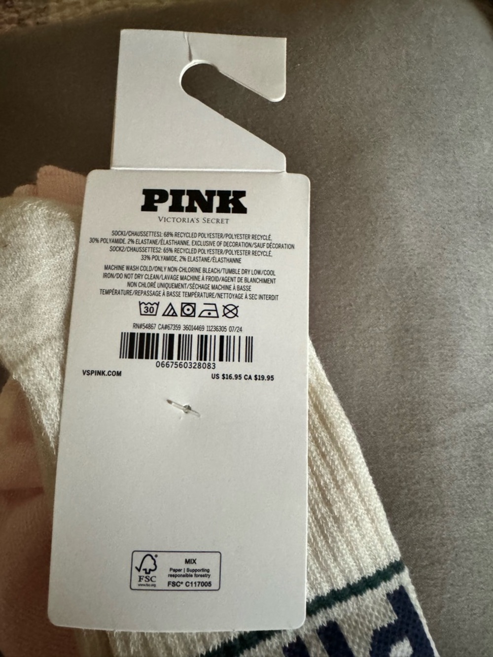 PINK Victoria's Secret Two-Pack Men's Crew Socks - Light Pink & Cream - Picture 4 of 4
